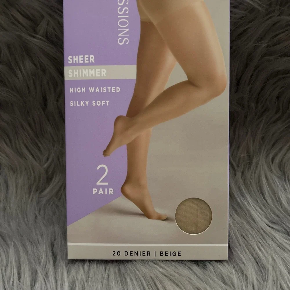 Silk Impressions Sheer Shimmer Tights Womens Size XL Beige High Waist Silky Soft